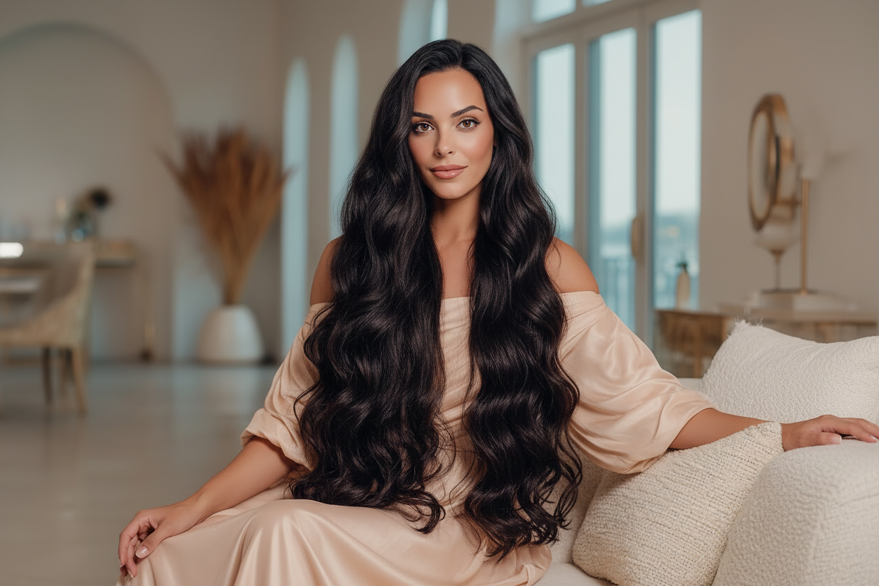 White Woman with long, black  hair wearing a beige dress sitting on a couch in a modern living room.